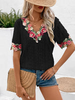 Eyelet Embroidered V-Neck Short Sleeve Blouse