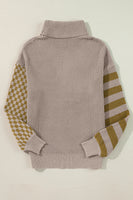 Striped & Checkered Turtleneck Dropped Shoulder Sweater