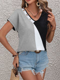 Ivy Lane Color Block Decorative Button V-Neck Tee