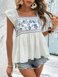 Embroidered Square Neck Cap Sleeve Blouse