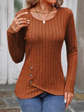 Decorative Button Round Neck Long Sleeve T-Shirt