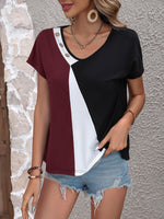 Ivy Lane Color Block Decorative Button V-Neck Tee