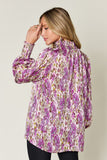 Double Take Full Size Printed Smocked Long Sleeve Blouse