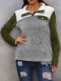 Shiny Color Block Collared Sweatshirt with Pockets