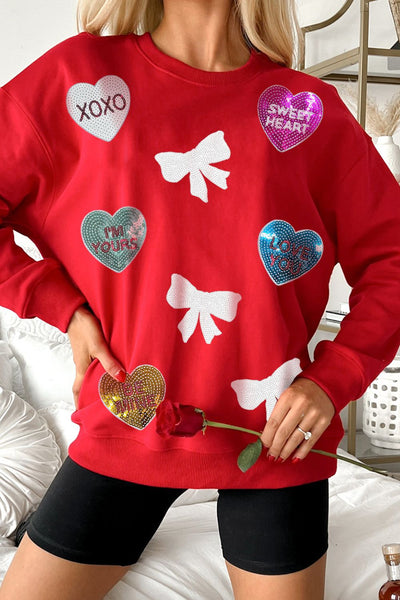 Valentine’s Day Sequin Bow Heart Round Neck Sweatshirt