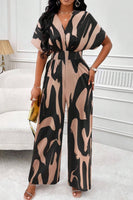 Printed V-Neck Short Sleeve Wide Leg Jumpsuit