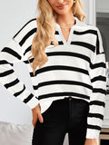 Many Striped Johnny Collar Long Sleeve Sweater