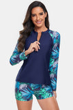 Printed Quarter Zip Long Sleeve Two-Piece Swim Set