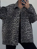 Leopard Button Up Long Sleeve Denim Top