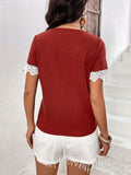 Decorative Button Spliced Lace Short Sleeve Top