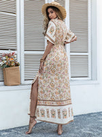 Drawstring Printed Plunge Half Sleeve Dress