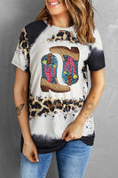 Sequin Boots Leopard Round Neck Short Sleeve T-Shirt