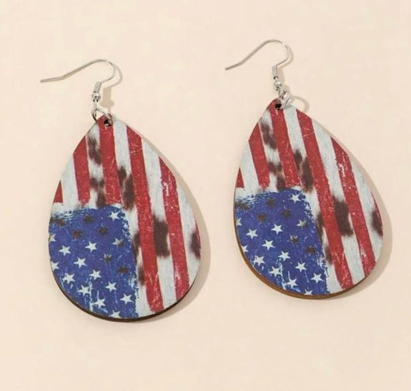 USA Flag W/ Leopard Print Dangle Earrings