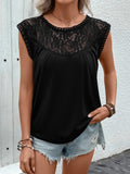 Lace Round Neck Cap Sleeve T-Shirt