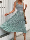 Perfee Smocked Striped Square Neck Midi Dress