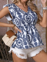 Ruffled Printed V-Neck Cap Sleeve Blouse