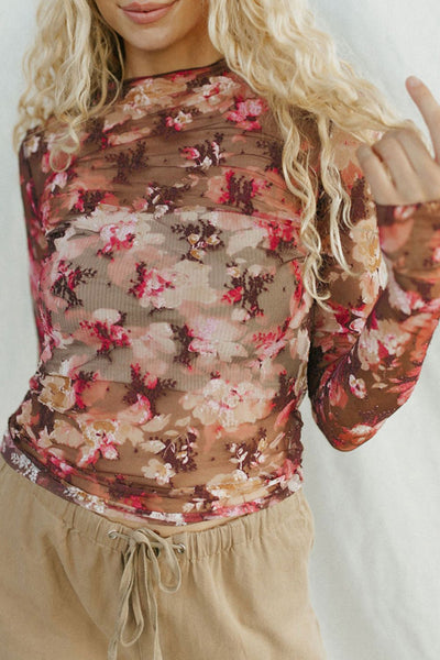 Floral Mock Neck Long Sleeve Sheer Top