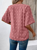 Ivy Lane Swiss Dot Notched Half Sleeve Blouse