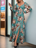 Slit Printed Surplice Long Sleeve Maxi Dress