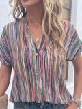 Striped Notched Short Sleeve Blouse