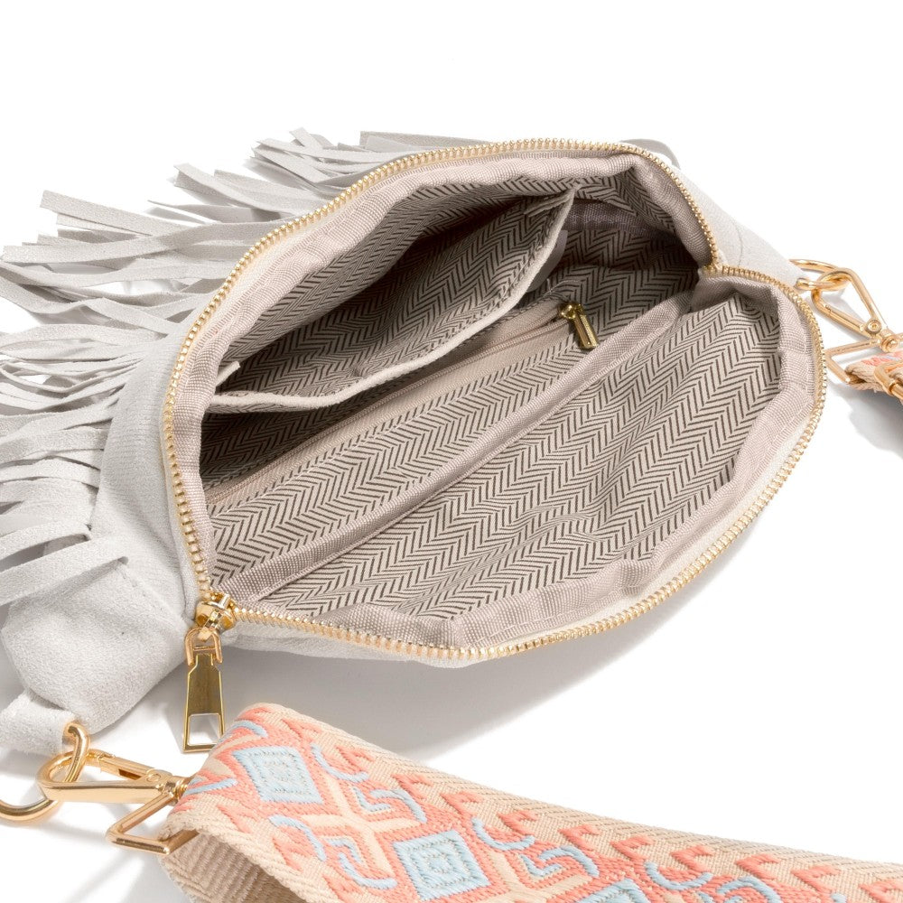 Faux Suede Fringe Sling Bag With Guitar Strap