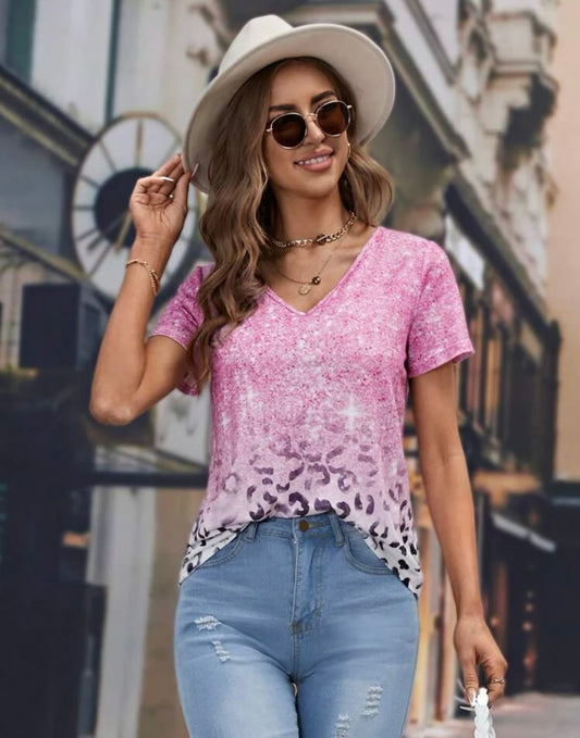 Pink Leopard Ombre V neck Tee