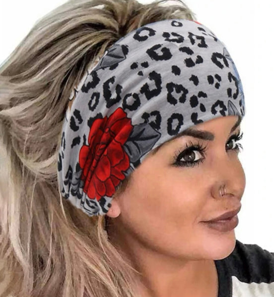 Red Floral Grayscale Leopard Print Yoga Headband
