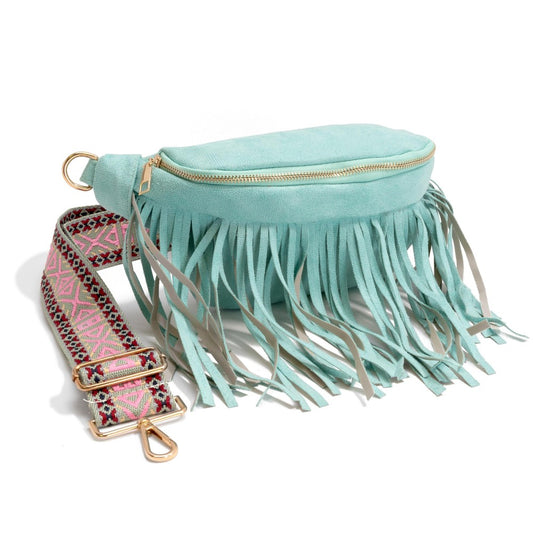 Faux Suede Fringe Sling Bag With Guitar Strap