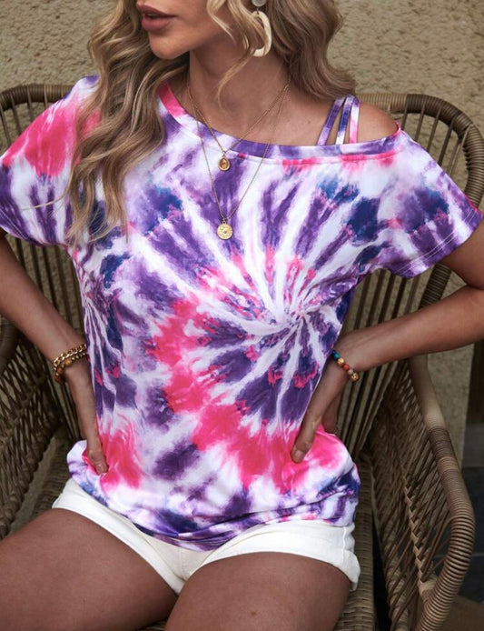 Purple & Pink Tie Dye Cut Out Shoulder Top