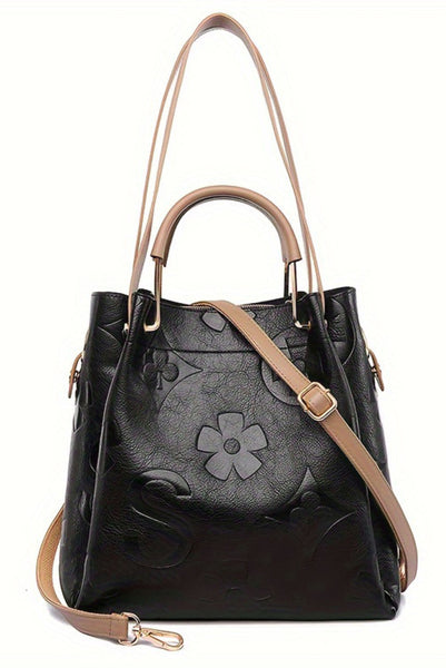 Black Embossed Multi-functional Shoulder Bag with Handle