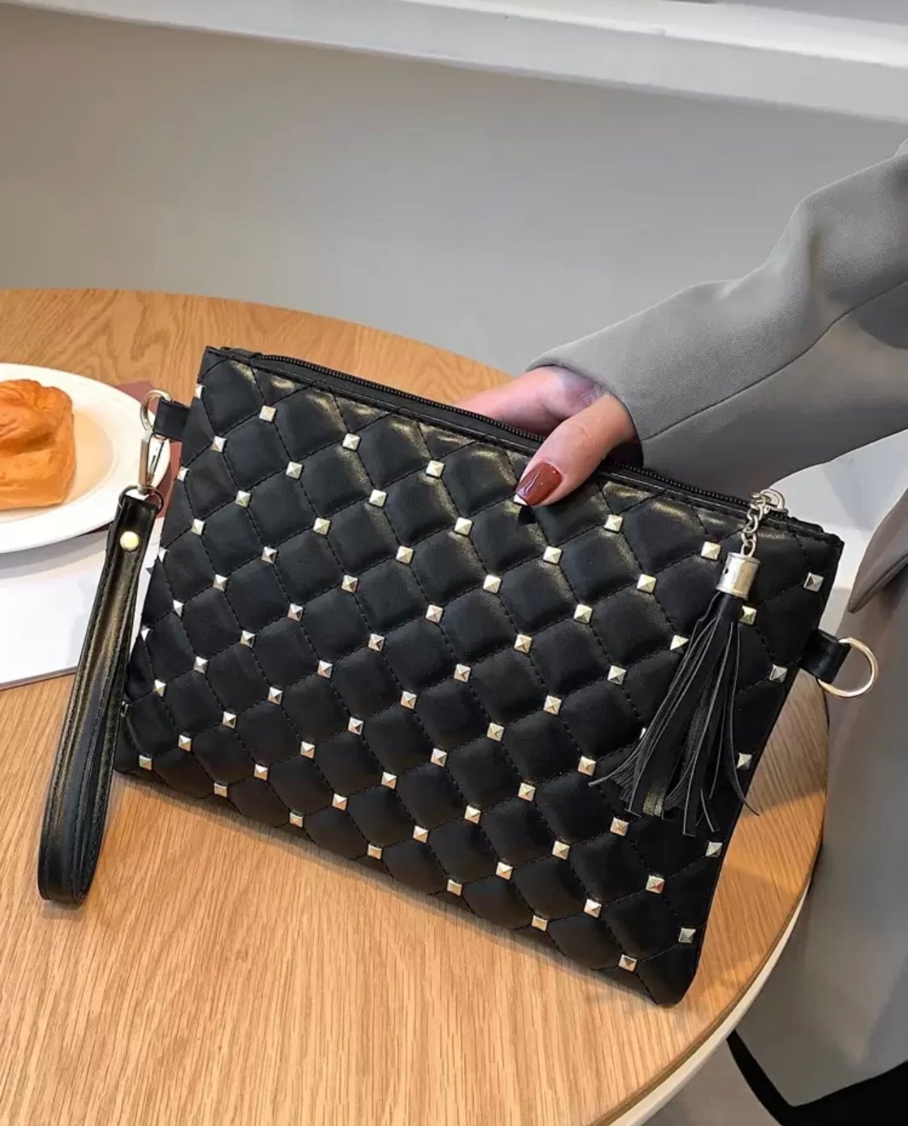 Black Quilted Clutch Bag With Studded Decor