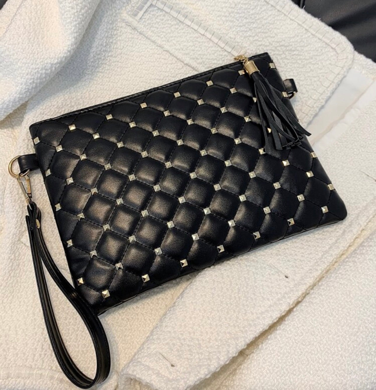 Black Quilted Clutch Bag With Studded Decor