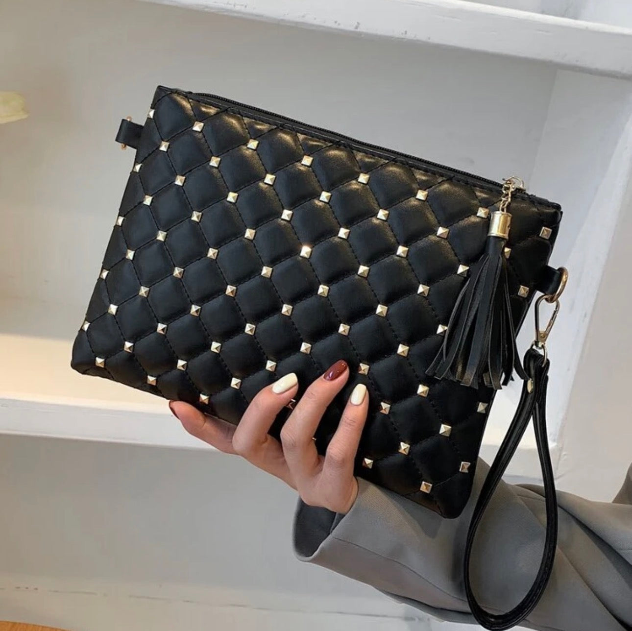 Black Quilted Clutch Bag With Studded Decor