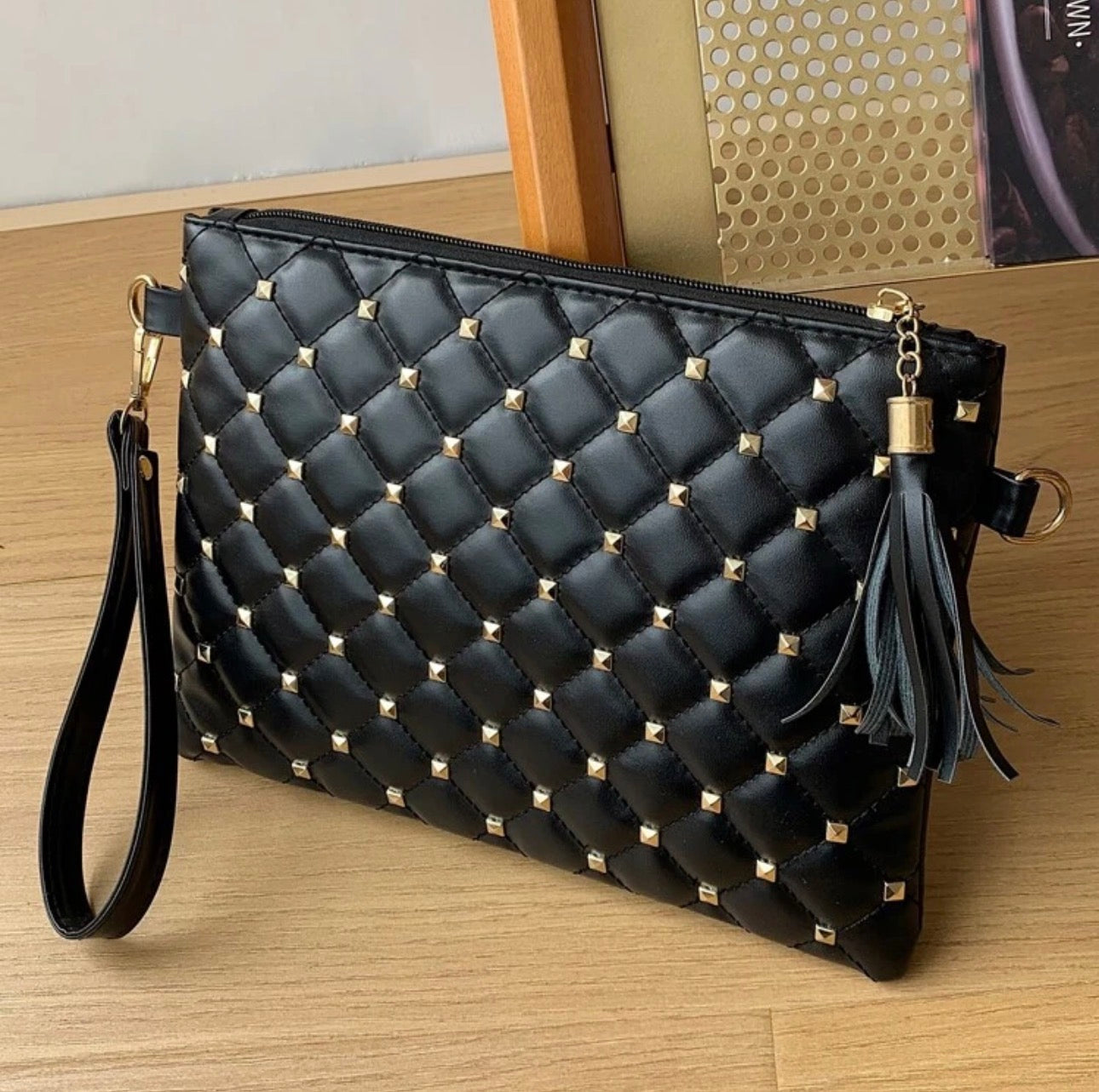 Black Quilted Clutch Bag With Studded Decor