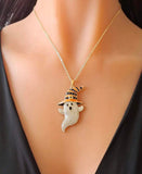 Cute Halloween Rhinestone Embedded Ghost W/ Hat Necklace