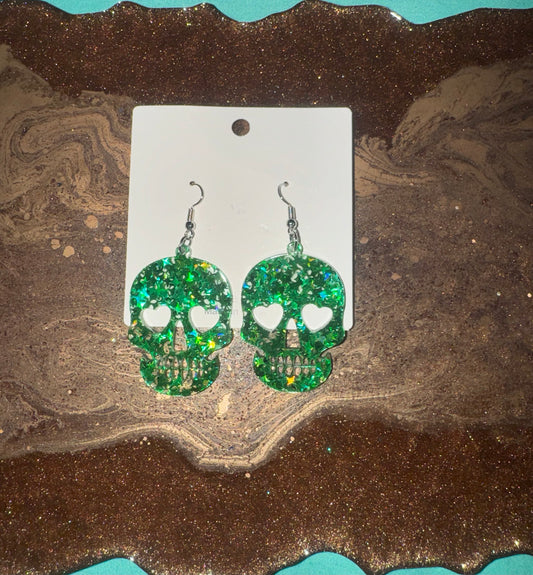 Green Glitter Skull Earrings