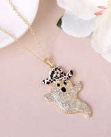 Cute Halloween Rhinestone Embedded Ghost W/ Hat Necklace