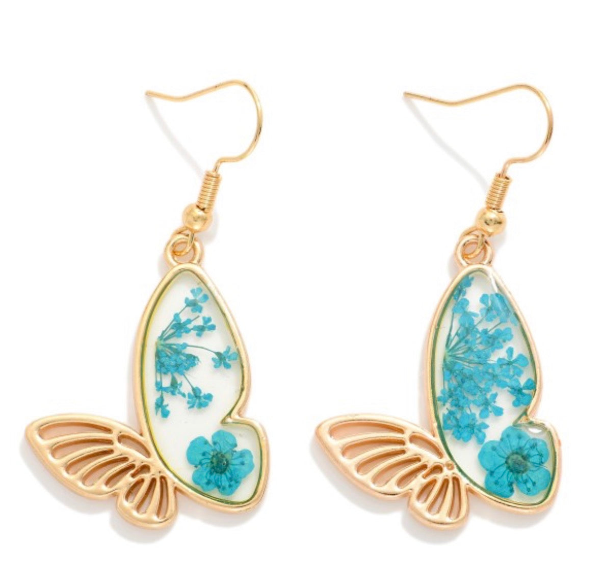 Resin Butterfly Drop Earrings With Flower Details