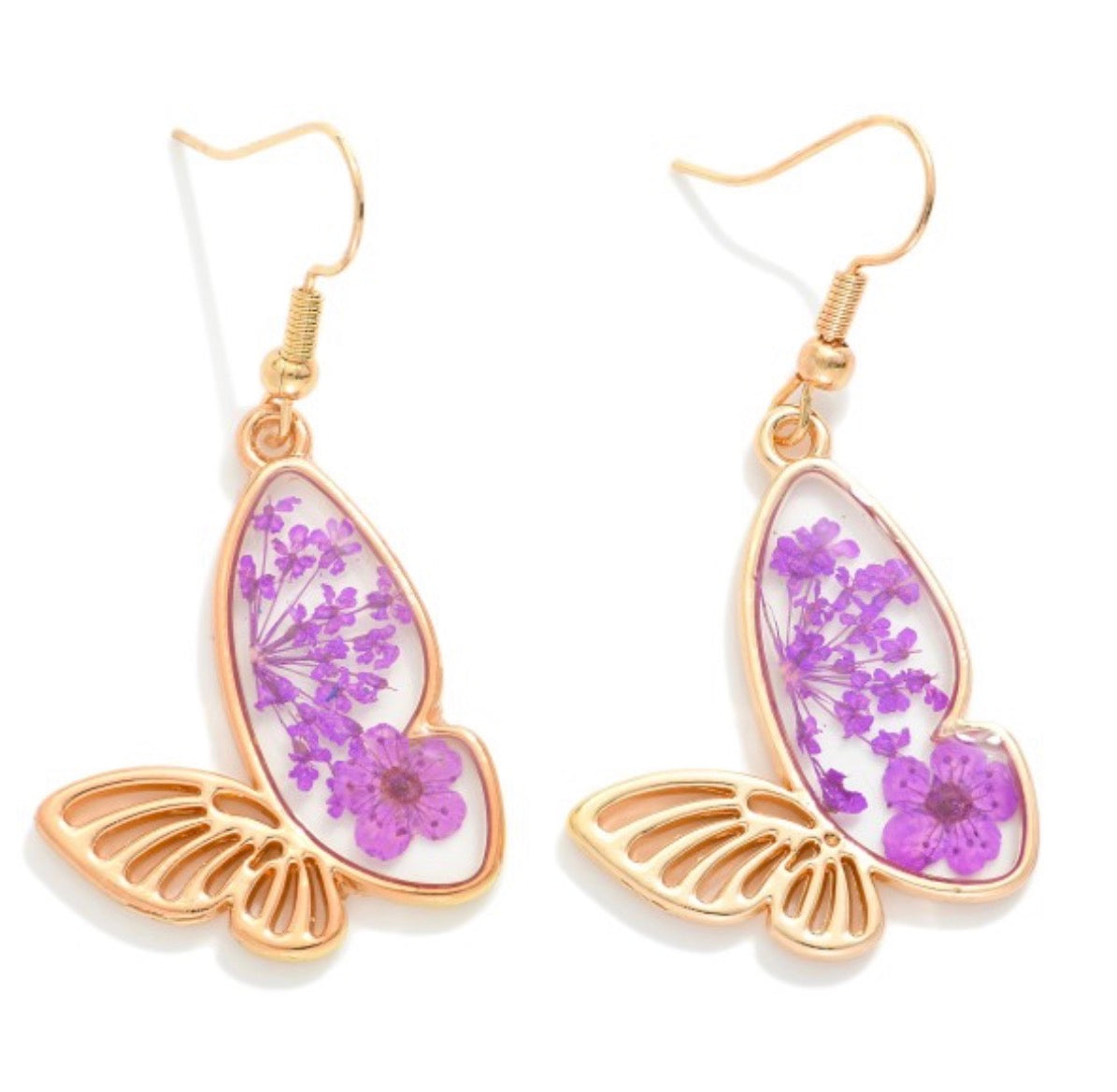 Resin Butterfly Drop Earrings With Flower Details