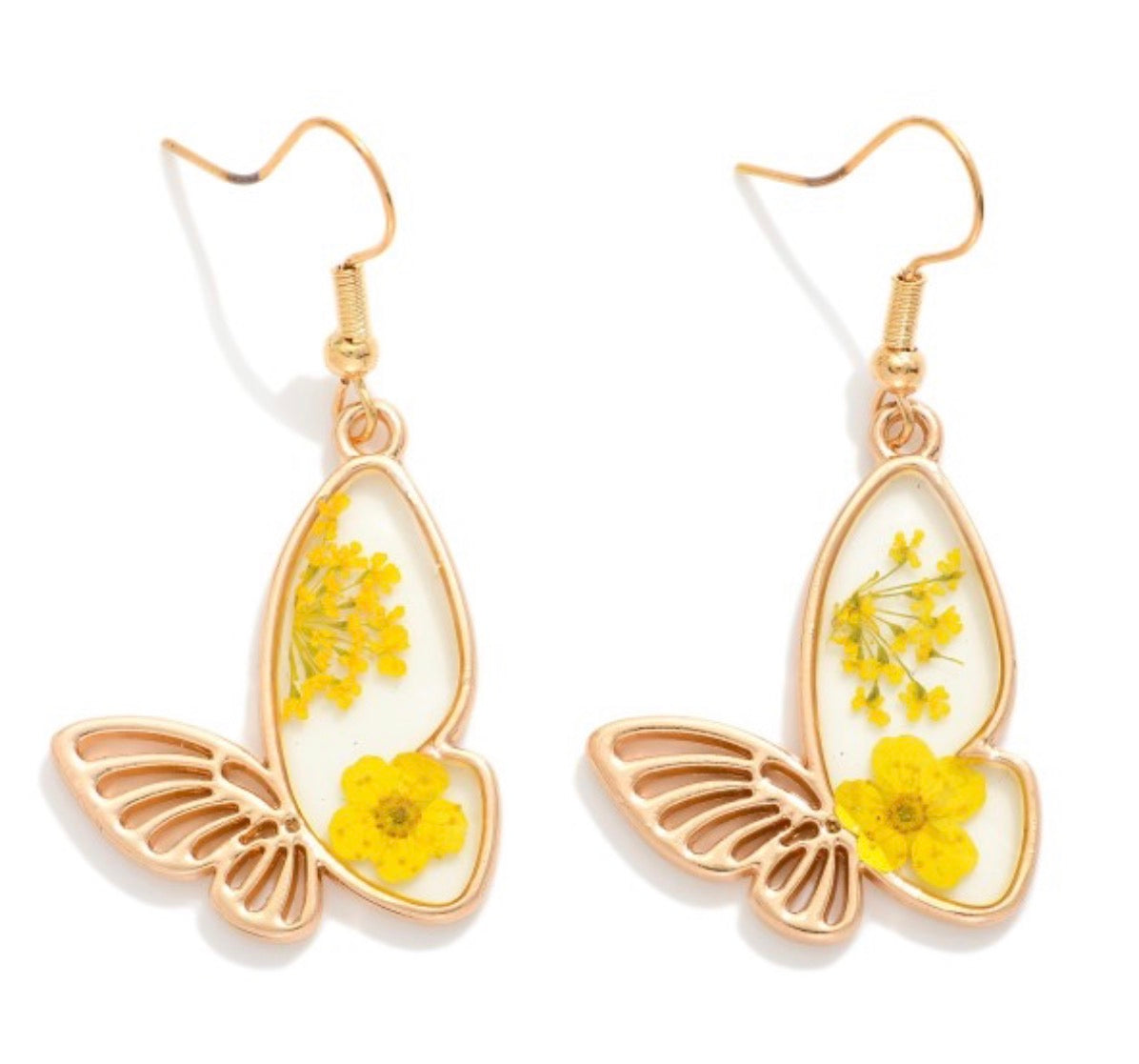 Resin Butterfly Drop Earrings With Flower Details