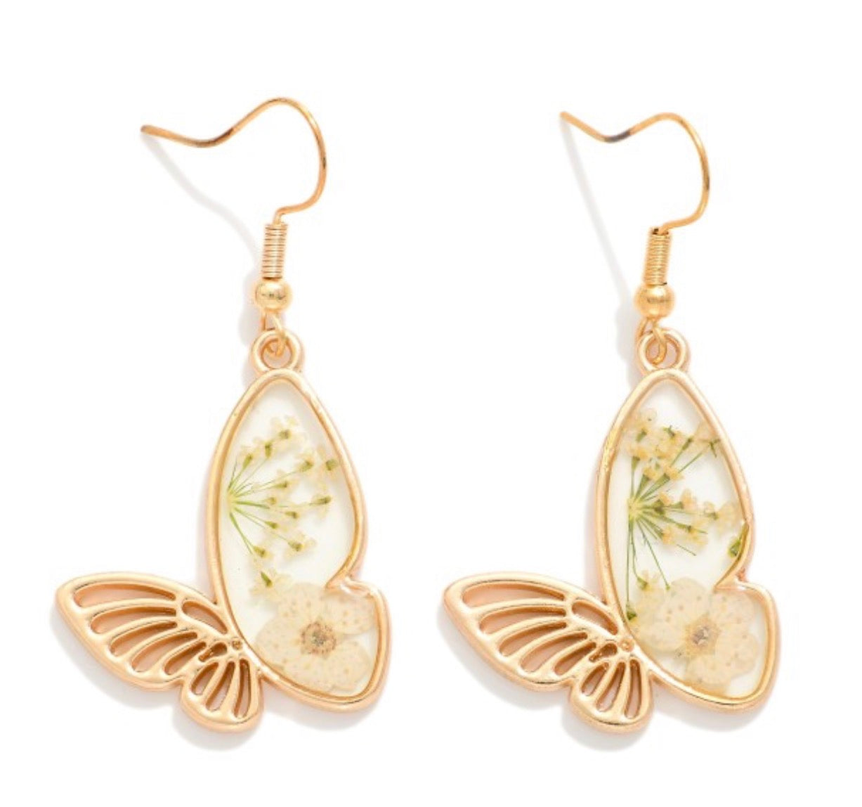 Resin Butterfly Drop Earrings With Flower Details
