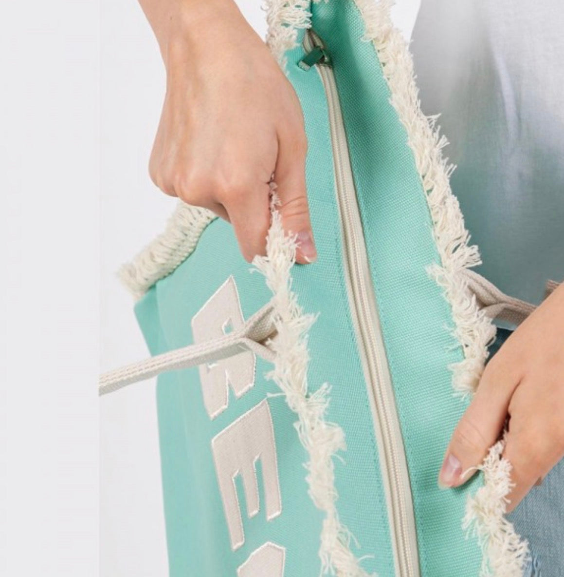 BEACH Embroidered Fringed Tote Bag