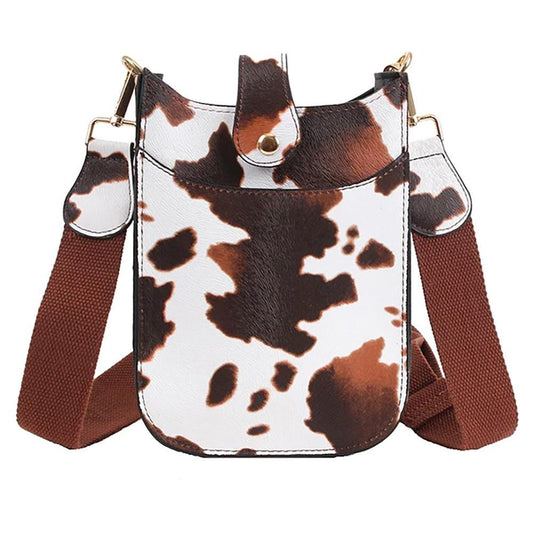 Vegan Leather Cow Print Cross Body Bag With Snap Latch Closure