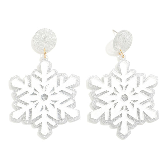 Glistening Glitter Acetate Layered Snowflake Post Drop Earrings