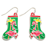 Flamingo Christmas Stocking Enamel Drop Earrings