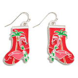 Flamingo Christmas Stocking Enamel Drop Earrings