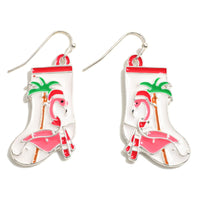 Flamingo Christmas Stocking Enamel Drop Earrings