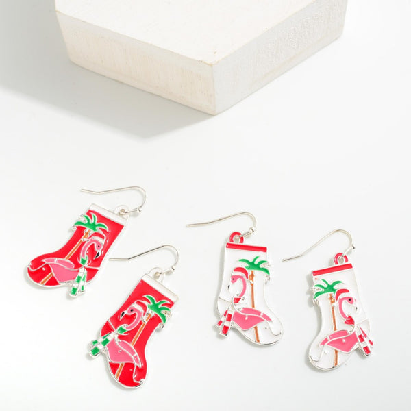 Flamingo Christmas Stocking Enamel Drop Earrings