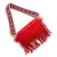 Red Faux Suede Fringe Sling Bag With Guitar Strap