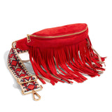 Red Faux Suede Fringe Sling Bag With Guitar Strap